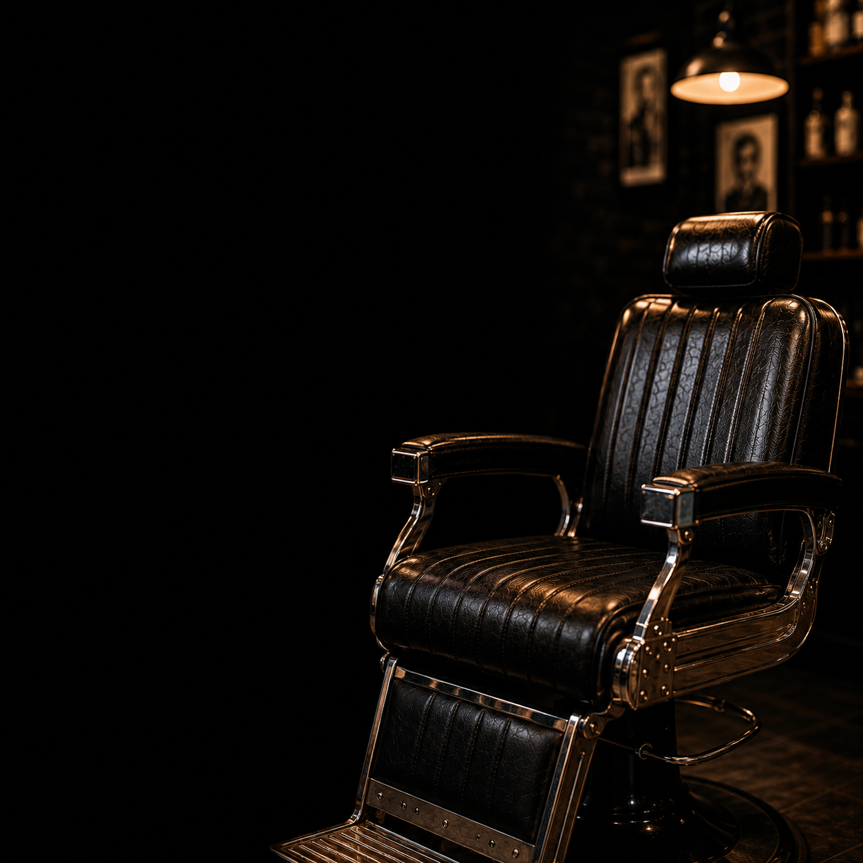 Cadeira de barbearia preta com iluminação acolhedora
