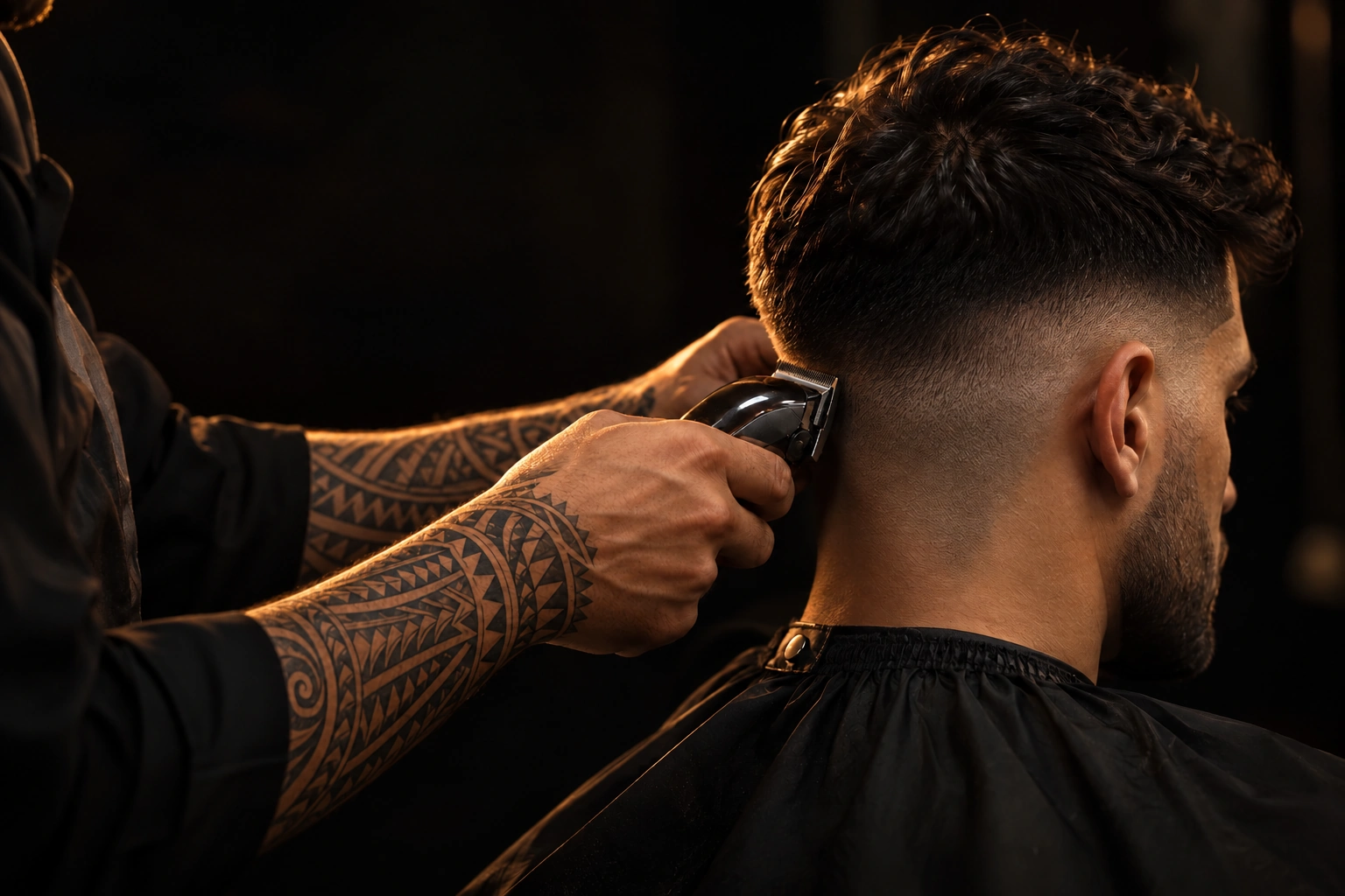 Imagem ilustrativa de um barbeiro finalizando um corte degradê